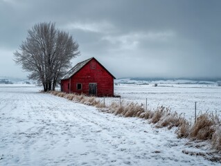 Red Barn in Snowy Farmland