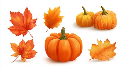Vibrant Autumn Leaves and Pumpkins Set Isolated on White Background