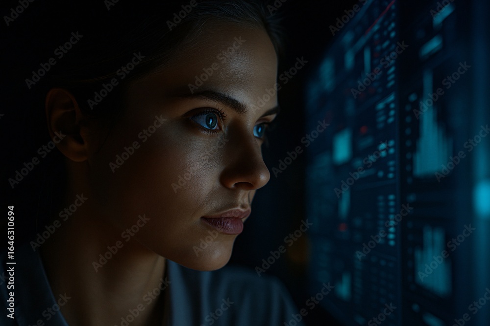 Poster close-up of a female scientist or data analyst intently studying a futuristic hud screen with comple