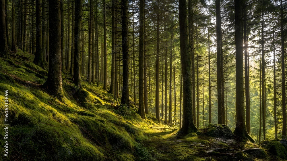 Poster sunlight filtering through a dense forest.