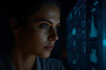 Close-up of a female scientist or data analyst intently studying a futuristic HUD screen with complex data in a dark control room or laboratory.