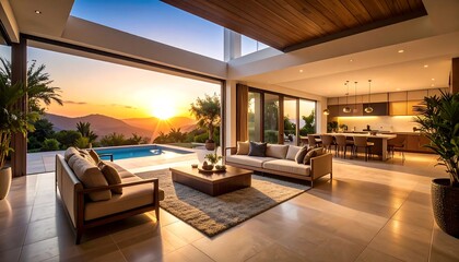 Modern home with pool and sunset views