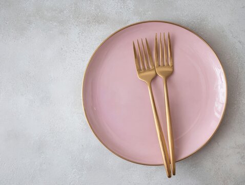 Rose Gold Forks on Pink Plate Minimalist Table Setting - Powered by Adobe