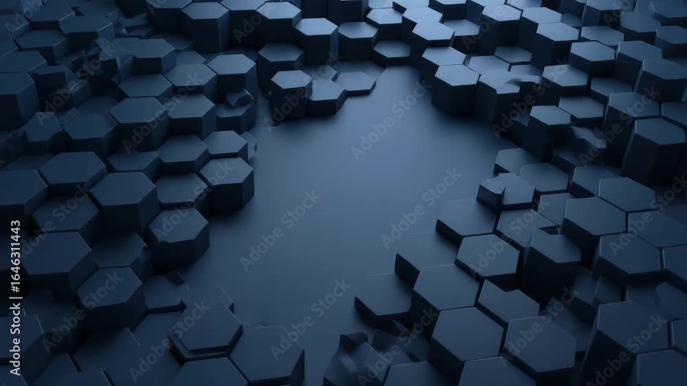 Poster a dark blue abstract background composed of numerous threedimensional hexagonal shapes creating a co