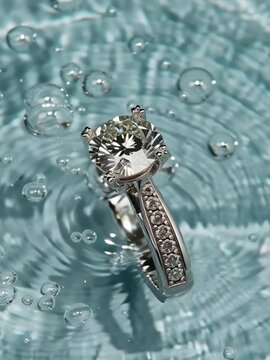Luxury Diamond Engagement Ring Sparkling on Shimmering Water Surface with Detailed Gemstone Reflection and Elegant Jewelry Design