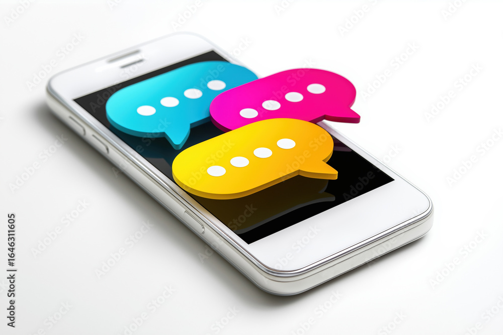 Poster colorful messaging bubbles displayed on a smartphone screen during a casual chat session
