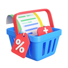 3D shopping basket filled with a bill, discount tag & medical card. Illustrating finance, sales and healthcare