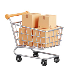 Shopping cart filled with four cardboard boxes, symbolizing online purchases, delivery, and commerce