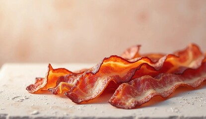 Several slices of bacon served on a pastel pink background