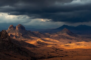 Fototapeta premium Dramatic Sky Over Rocky Terrain: Nature's Beauty in Wilderness with Mountain Silhouettes and Majestic Cliffs