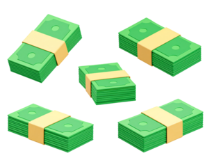 Five stacks of green currency with golden straps