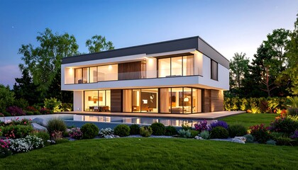 Fototapeta premium Modern home with pool at sunset