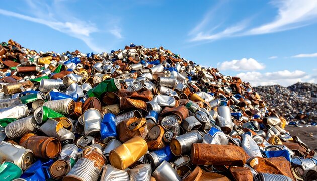 Pile of discarded drink cans at recycling facility under clear blue sky