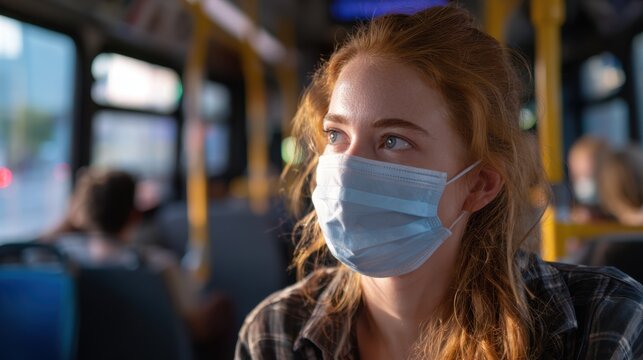 Persistent cough caught in a medium shot of a commuter wearing a KN95 mask on a public transit bus with softly blurred fellow passengers.