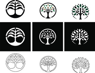 Tree icon logo set in various designs for eco brands, nature products, and sustainable packaging.