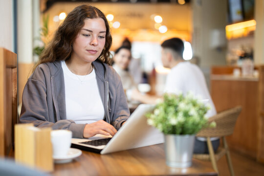 Young woman cafe visitor sits at table with laptop, reads incoming emails and drinks strong coffee. Client is preparing for important meeting, reading text content of report