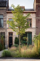 Fototapeta premium A stunning modern house featuring expansive windows that bring in natural light, surrounded by lush greenery in the front garden on a bright, sunny day amidst an urban backdrop