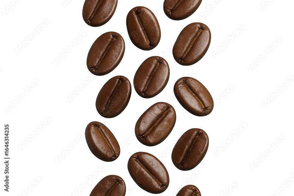 Poster roasted coffee beans are falling against a transparent background, creating a dynamic and aromatic v