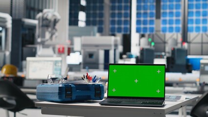 Green screen on a laptop at empty photovoltaics desk to help with green energy, used for optimizing...