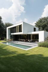 Modern house with a sleek design surrounded by greenery and a serene pool area in a tranquil suburban setting during daytime