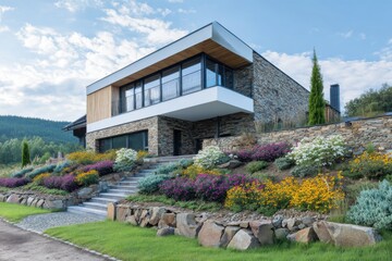 Modern stone house with lush garden and scenic mountain backdrop in summer, featuring vibrant flowers and a sleek architectural design