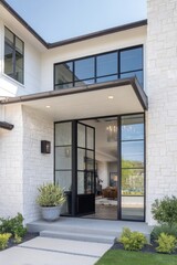 The entrance to this stylish modern home showcases elegant glass doors paired with minimalist landscaping, all set against a bright, sunny suburban backdrop