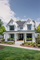 The exterior of a modern farmhouse is beautifully showcased on a sunny day, complete with a landscaped garden and inviting large windows, complemented by a charming front porch