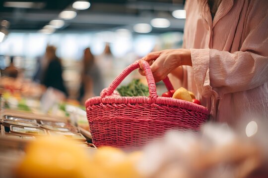 Woman shopping at market with red basket full of fresh vegetables - Powered by Adobe