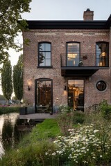 Charming brick house with balcony overlooks tranquil waterway and garden in evening light, creating a serene atmosphere perfect for relaxation