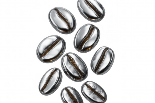 Silver coffee beans dropping through transparent space, highlighting metallic sheen and sleek design element