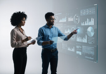 Two business professionals analyzing data on a futuristic holographic interface with charts and graphs.