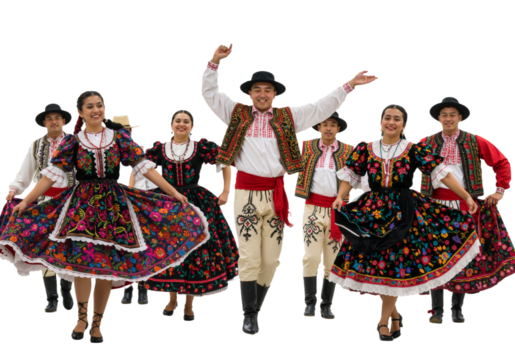 A joyful group of folk dancers in vibrant, traditional costumes performing a cultural dance together on a white background