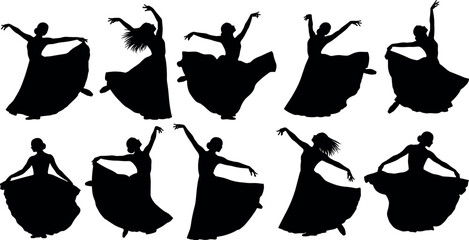 Silhouettes of female dancers in flowing skirts, graceful poses, traditional choreography, elegant movement, black vector set, cultural dance concept