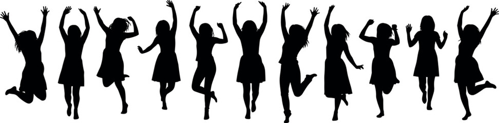 Silhouettes of joyful people jumping with raised arms, energetic poses, celebration concept, black figures on white background, vector illustration set