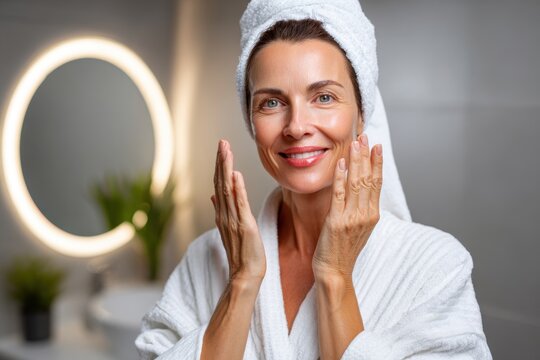 Smiling woman in bathrobe applying facial cream in bathroom after bath.