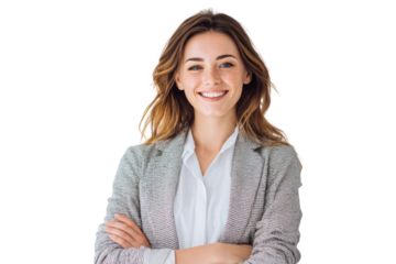 Portrait of 30 years old smiling woman looking at camera with crossed arms. Happy girl standing in creative office. Successful businesswoman standing in white background PNG	