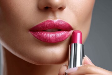 Close-up of beautiful woman's lips with vibrant pink lipstick and tube