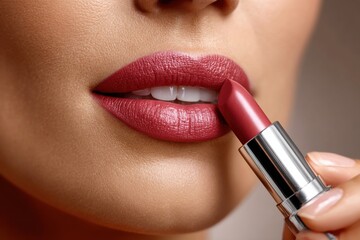 Beautiful woman applying dark red lipstick, showcasing her beauty routine.