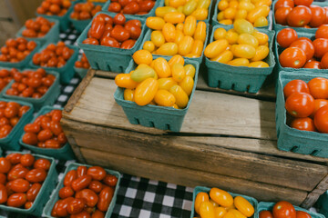 Fresh cherry tomatoes displayed at a vibrant farmers market stall on a sunny afternoon in autumn
