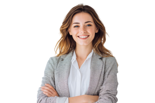 Portrait of 30 years old smiling woman looking at camera with crossed arms. Happy girl standing in creative office. Successful businesswoman standing in white background PNG