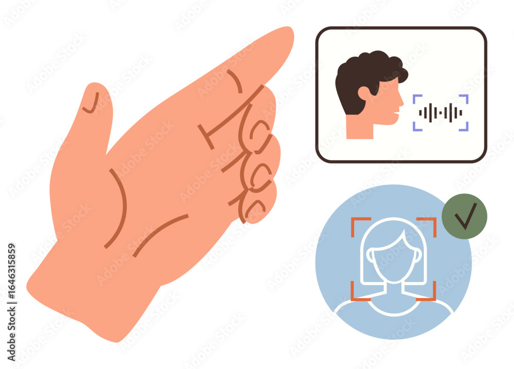 Poster hand in a gesture paired with voice and facial recognition visuals symbolizing authentication and se