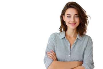 Portrait of 30 years old smiling woman looking at camera with crossed arms. Happy girl standing in creative office. Successful businesswoman standing in white background PNG	