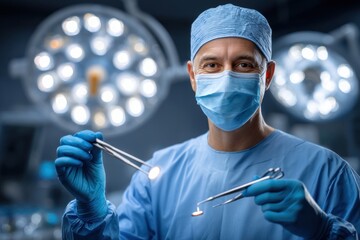 Confident male surgeon in blue scrubs, mask, and cap in operating room.