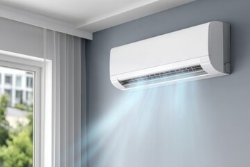 A white air conditioner unit mounted on a gray wall, blowing cool air into a room with a window.