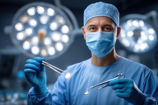 Confident male surgeon in blue scrubs, mask, and cap in operating room.