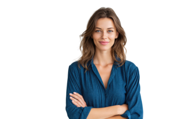 Portrait of 30 years old smiling woman looking at camera with crossed arms. Happy girl standing in creative office. Successful businesswoman standing in white background PNG	