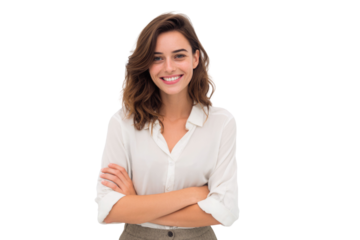 Portrait of 30 years old smiling woman looking at camera with crossed arms. Happy girl standing in creative office. Successful businesswoman standing in white background PNG	