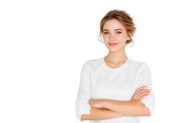 Portrait of 30 years old smiling woman looking at camera with crossed arms. Happy girl standing in creative office. Successful businesswoman standing in white background PNG	