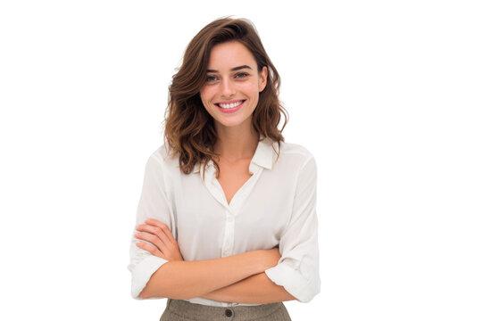 Portrait of 30 years old smiling woman looking at camera with crossed arms. Happy girl standing in creative office. Successful businesswoman standing in white background PNG	