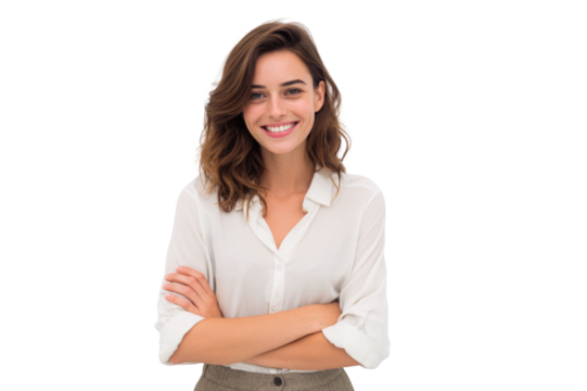 Portrait of 30 years old smiling woman looking at camera with crossed arms. Happy girl standing in creative office. Successful businesswoman standing in white background PNG	